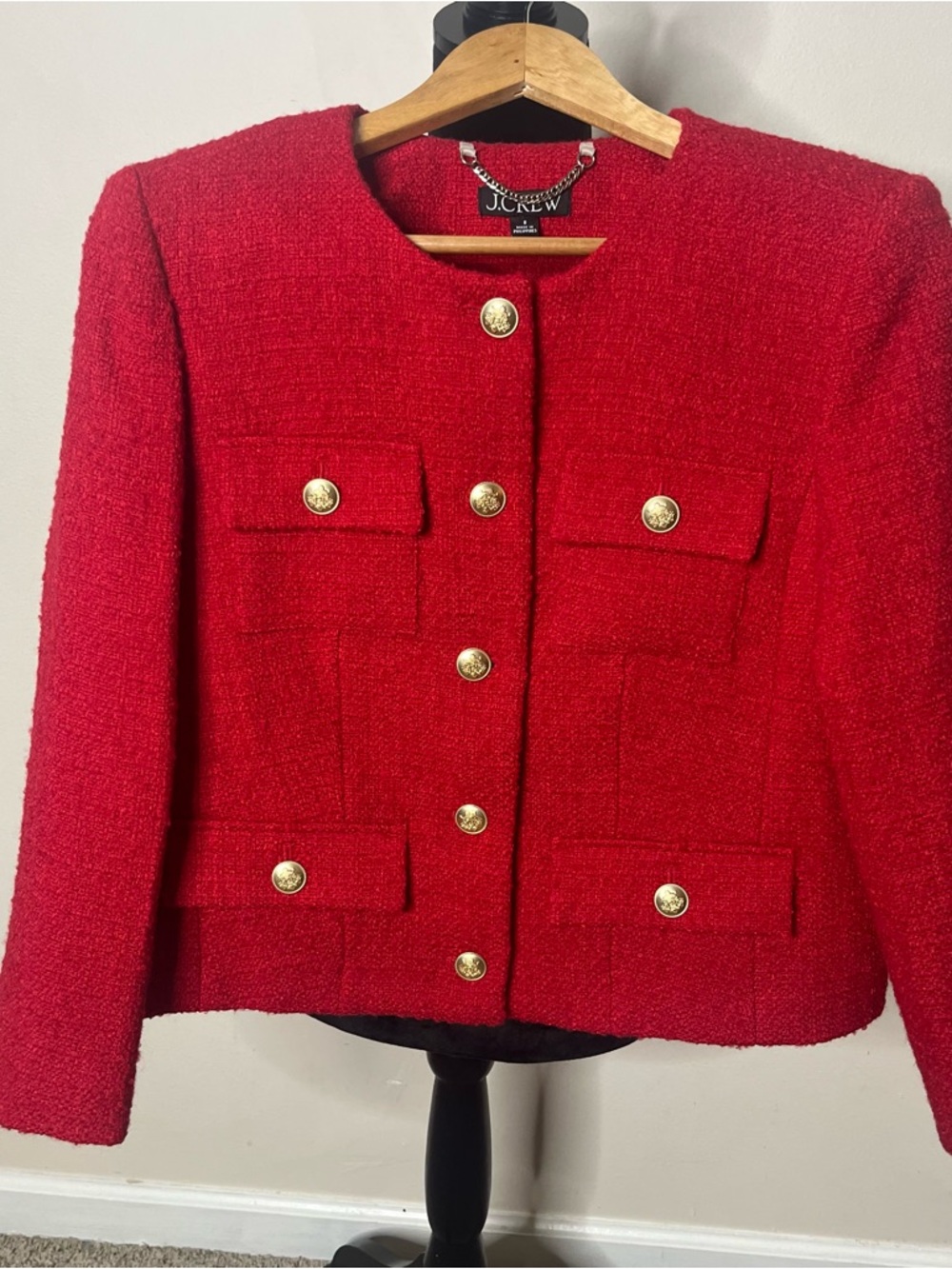 J. Crew Red Bouclé Military-Style Button Jacket - Picture 11 of 16